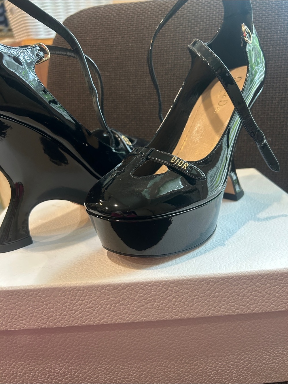 Dior Black Patent Mary Jane Platform Pumps with Ankle Strap